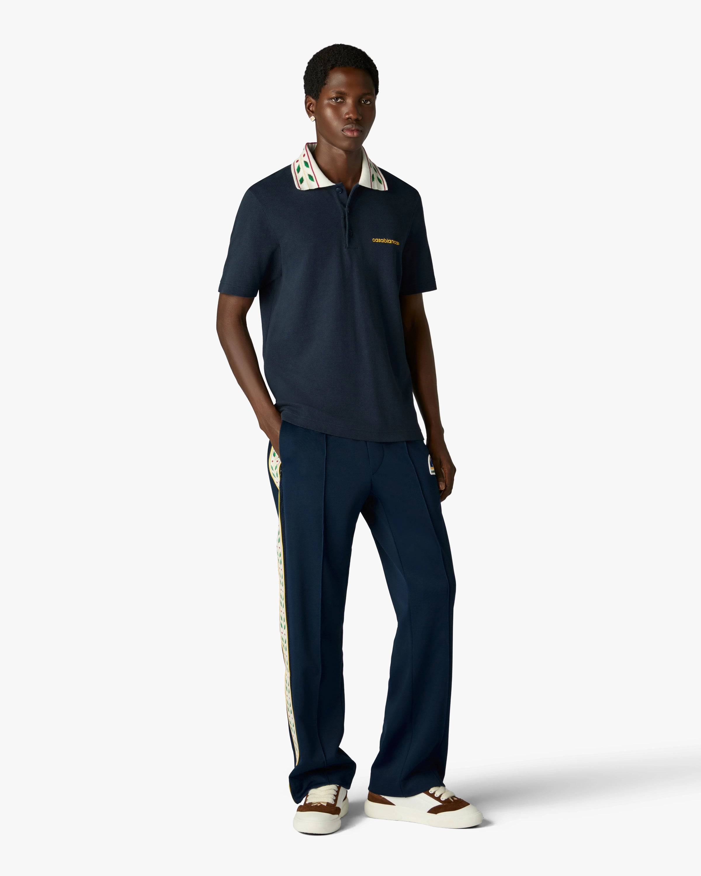 Navy Laurel Pique Short Sleeve Polo Shirt | Casablanca Paris Navy Laurel Pique Short Sleeve Polo Shirt | Casablanca Paris