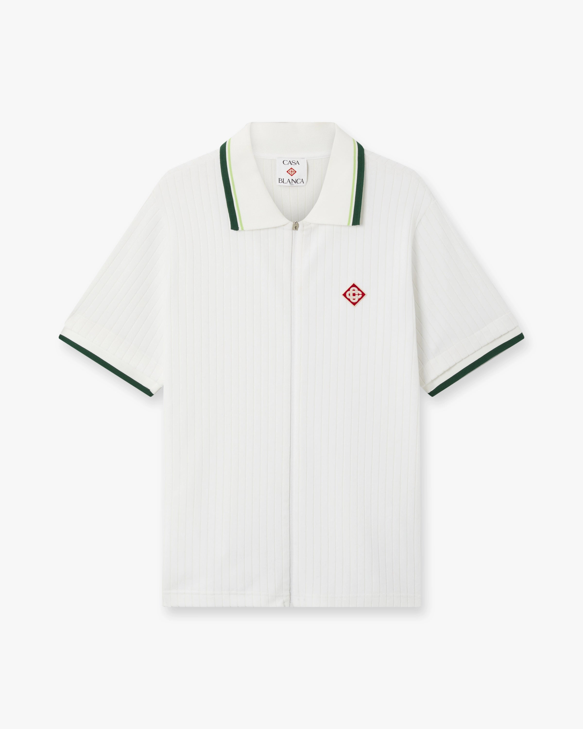 White Striped Velour Zip-Up Short Sleeve Shirt | Casablanca Paris