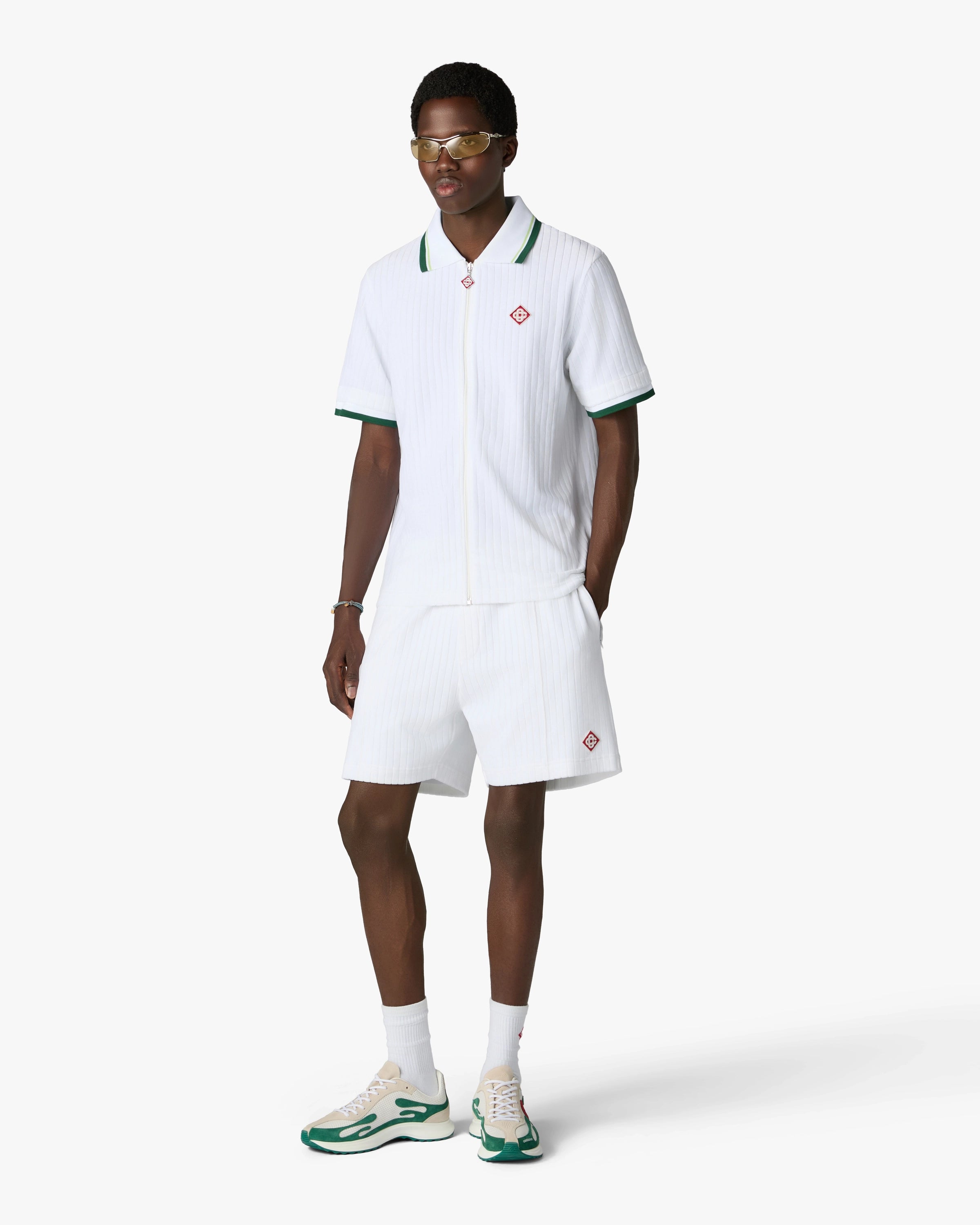 White Striped Velour Zip-Up Short Sleeve Shirt | Casablanca Paris