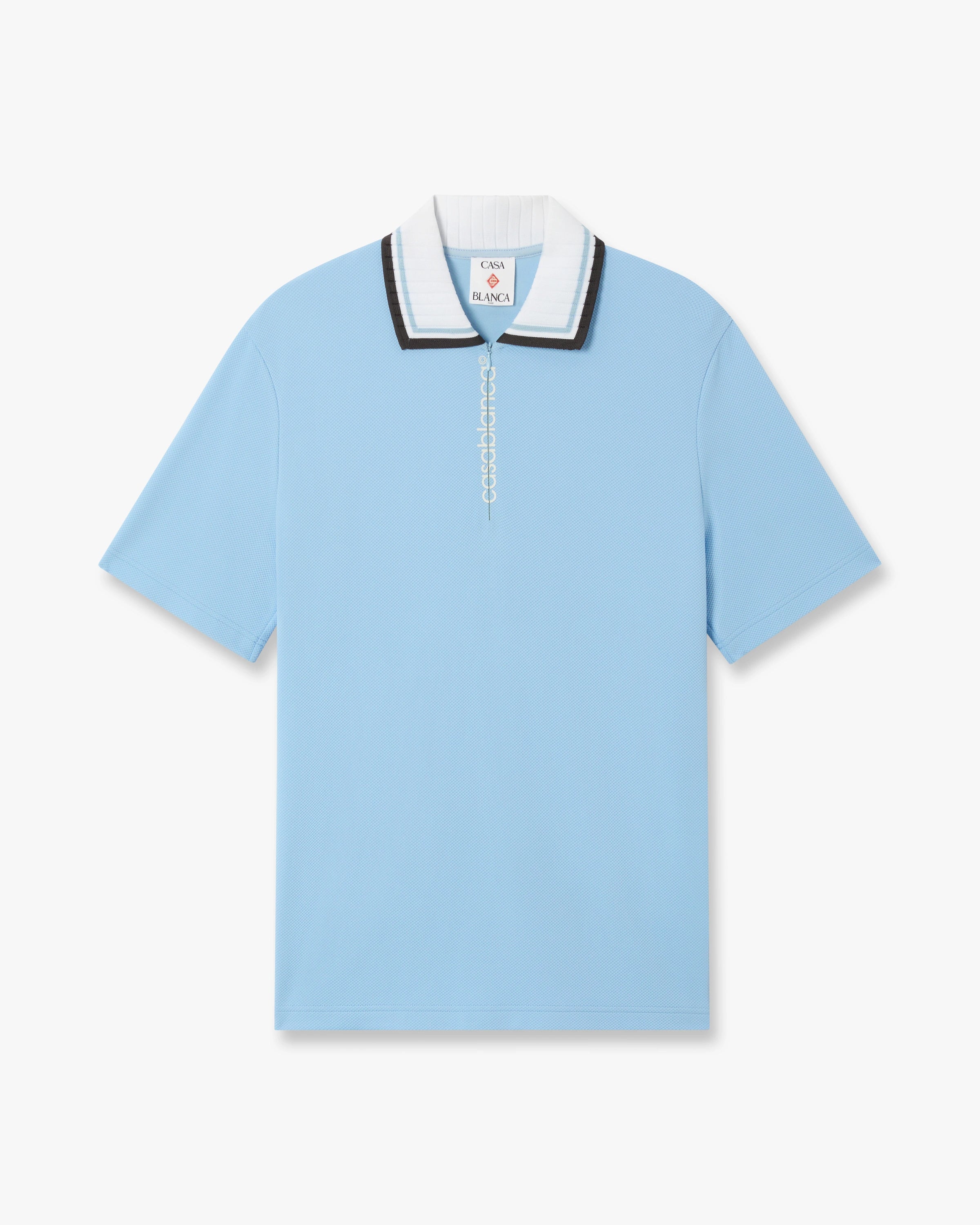 Pale Blue Pique Quarter Zip Short Sleeve Polo Shirt | Casablanca Paris