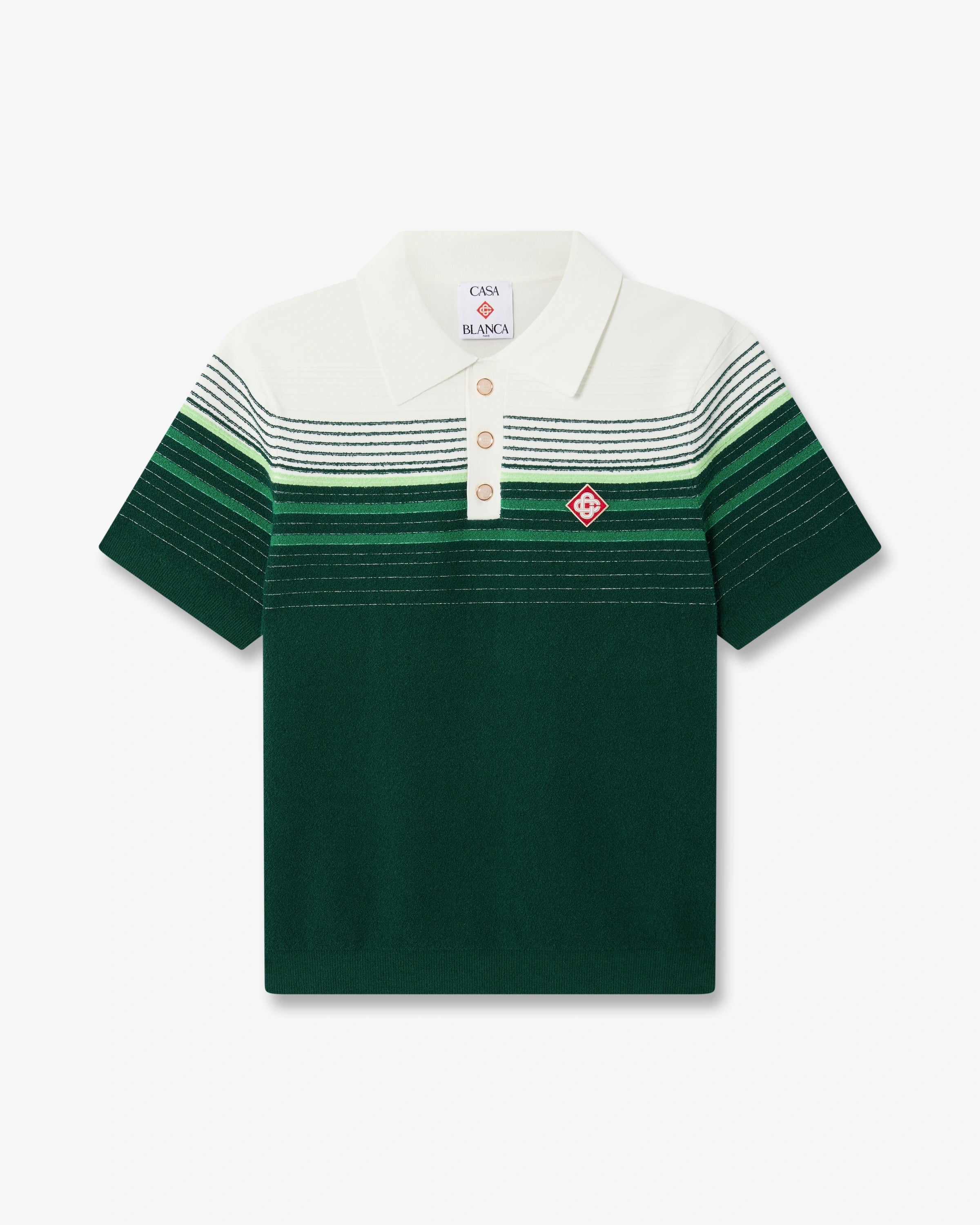 White & Green Boucle Stripe Short Sleeve Polo Shirt | Casablanca Paris