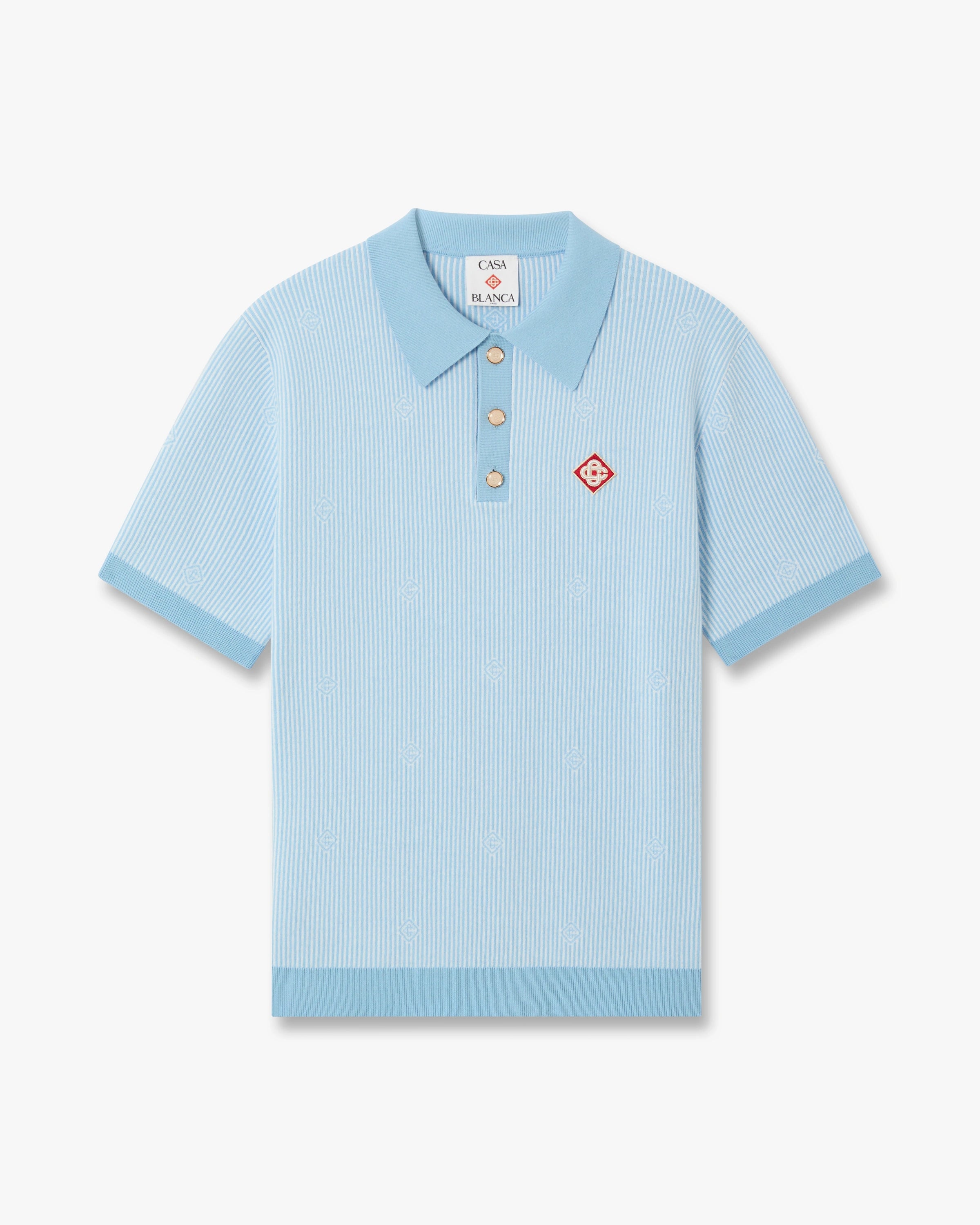 Light Blue Pinstripe Short Sleeve Knit Polo Shirt | Casablanca Paris