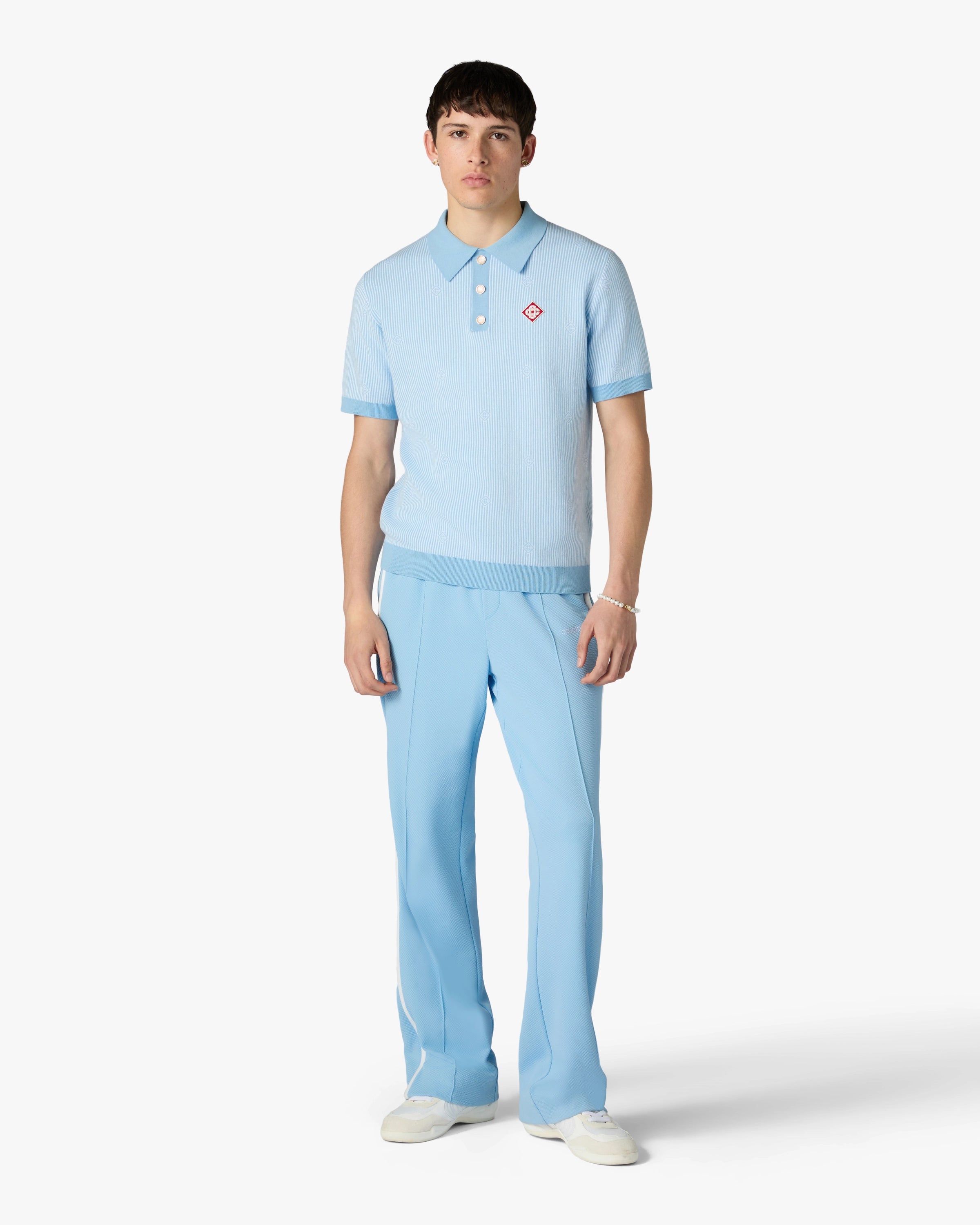 Light Blue Pinstripe Short Sleeve Knit Polo Shirt | Casablanca Paris