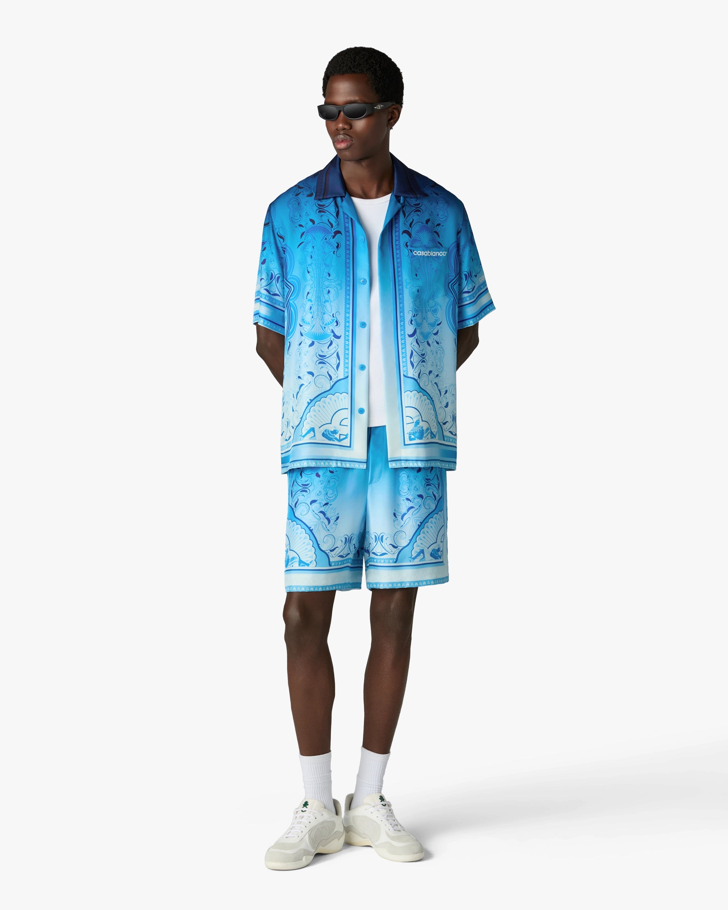 Blue Gradient Egyptian Rug Short Sleeve Silk Shirt | Casablanca Paris