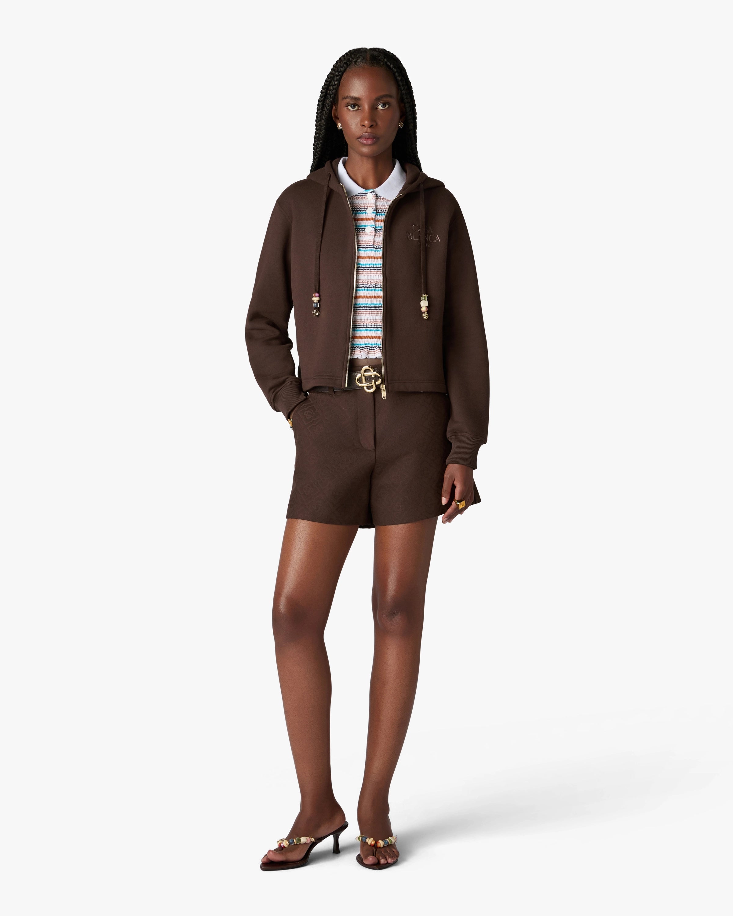Dark Brown Cropped Zip-Up Hooded Sweatshirt | Casablanca Paris