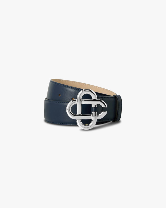 Men's Navy & Silver Classic Leather CC Logo Belt