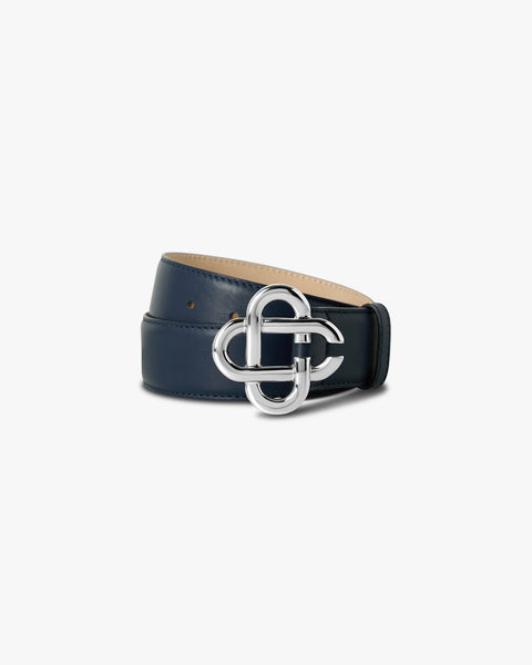Men's Navy & Silver Classic Leather CC Logo Belt | Casablanca Paris
