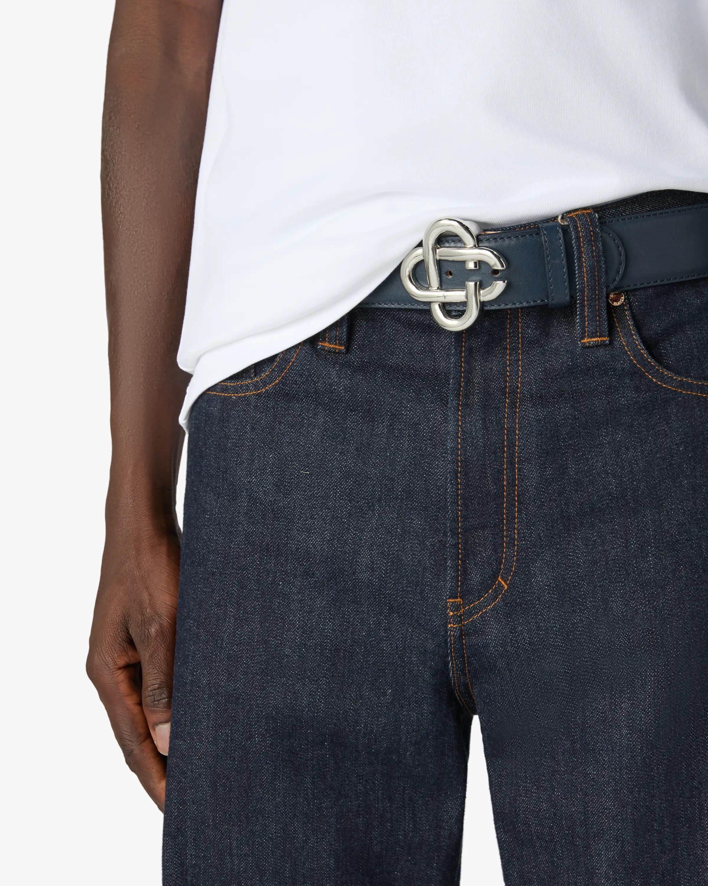 Men's Navy & Silver Classic Leather CC Logo Belt
