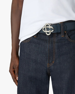 Men's Navy & Silver Classic Leather CC Logo Belt