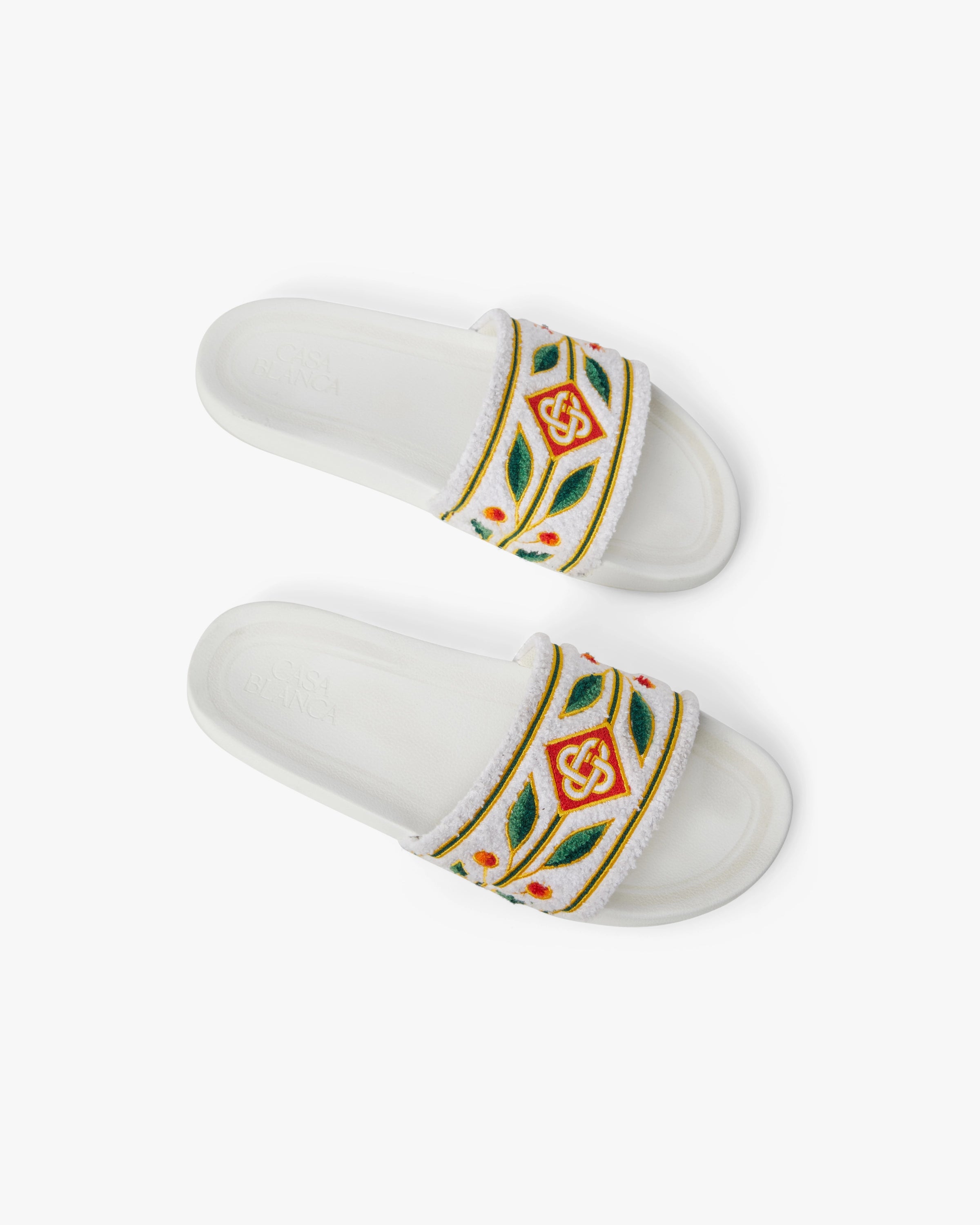 Men's White Embroidered Terry Slides