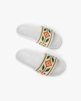 Men's White Embroidered Terry Slides