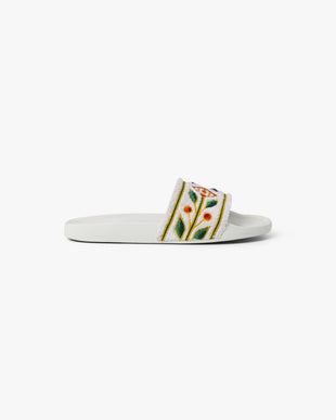 Men's White Embroidered Terry Slides