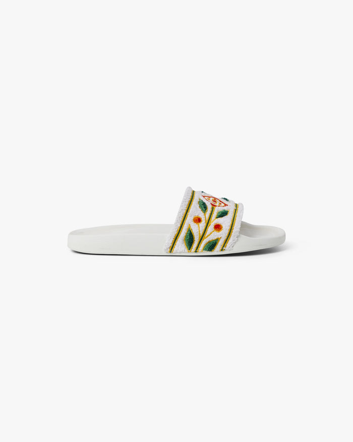 Men's White Embroidered Terry Slides