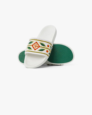 Men's White Embroidered Terry Slides