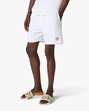 Men's White Embroidered Terry Slides