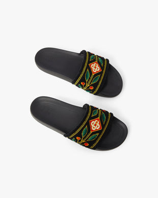 Men's Black Embroidered Terry Slides