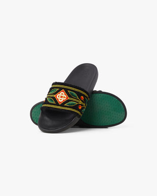 Men's Black Embroidered Terry Slides