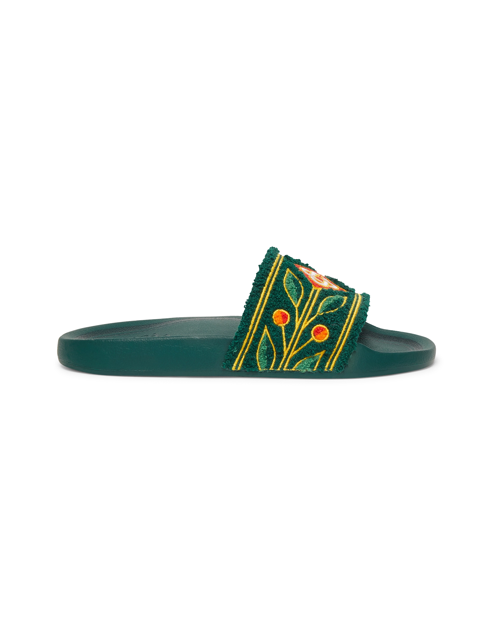 Women's Green Embroidered Terry Slides