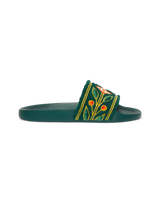 Women's Green Embroidered Terry Slides