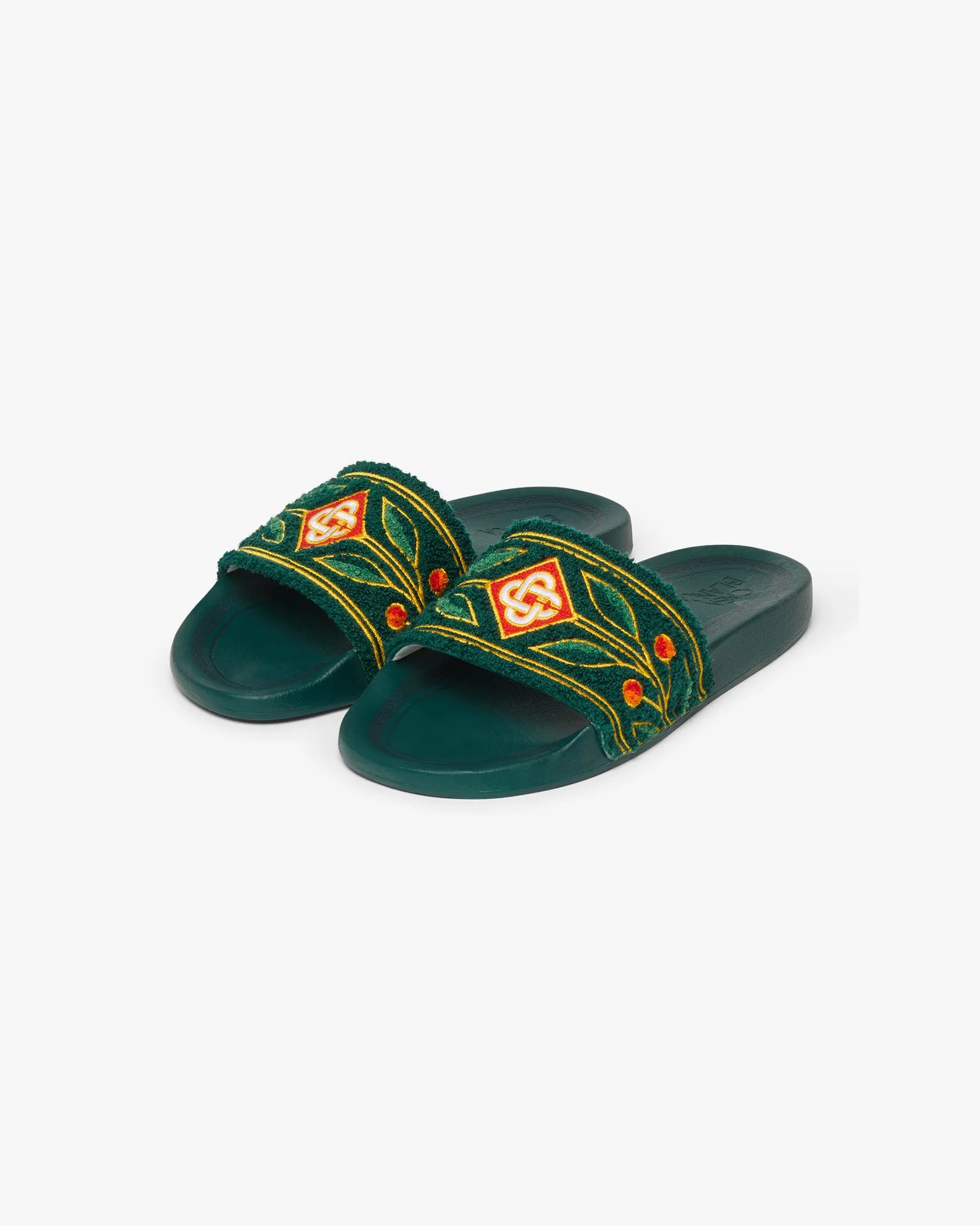 Women's Green Embroidered Terry Slides