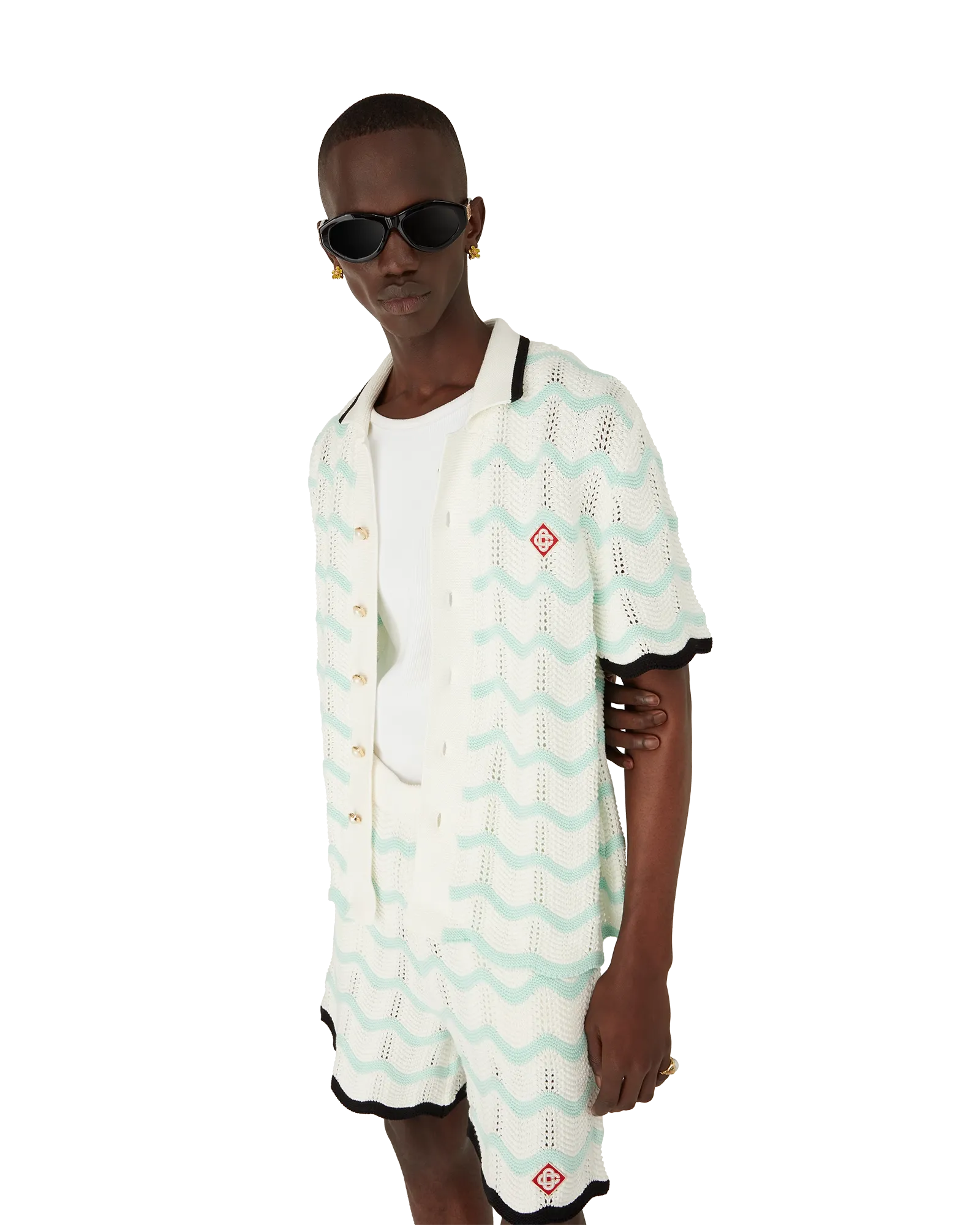 Gradient Wave Cotton Crochet Short Sleeve Shirt