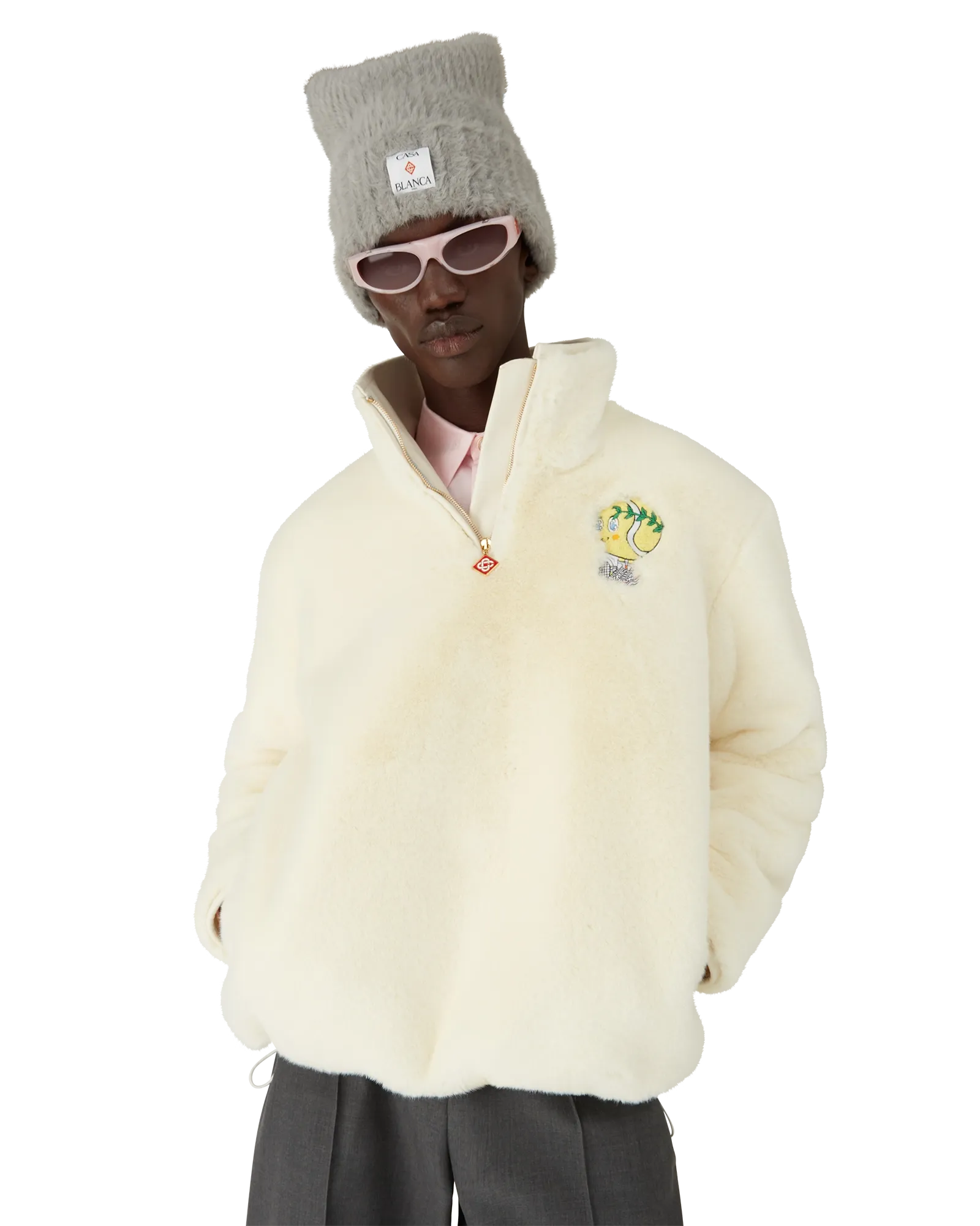 Tennis Mascot Quarter Zip Faux Fur Jacket