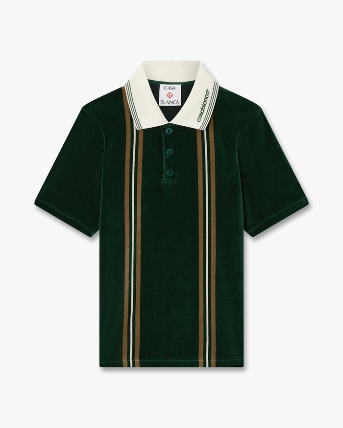 Green & Brown Stripe Velour Short Sleeve Polo Shirt