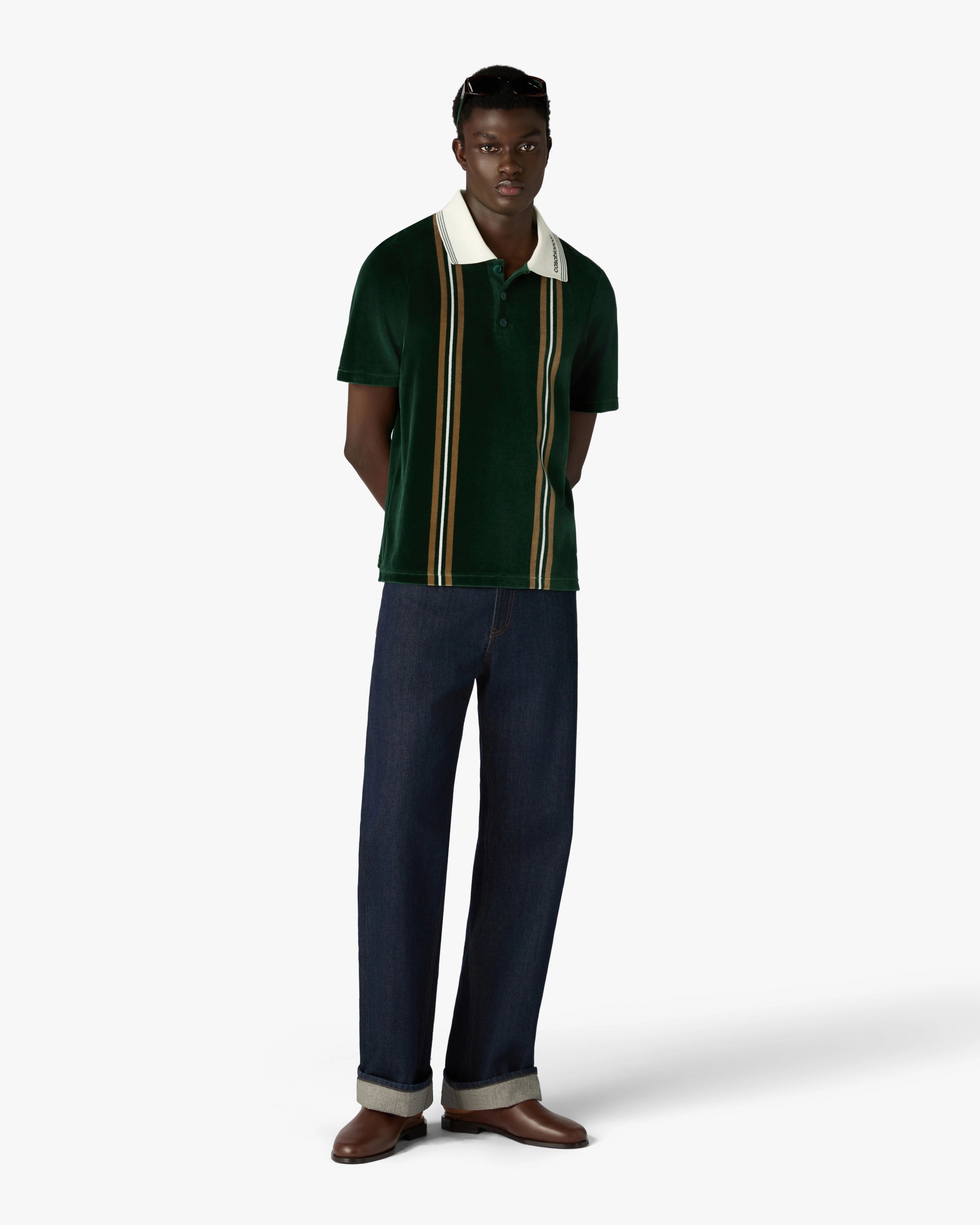 Green & Brown Stripe Velour Short Sleeve Polo Shirt