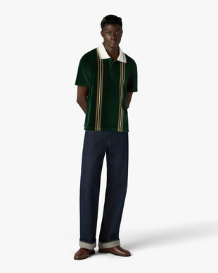 Green & Brown Stripe Velour Short Sleeve Polo Shirt