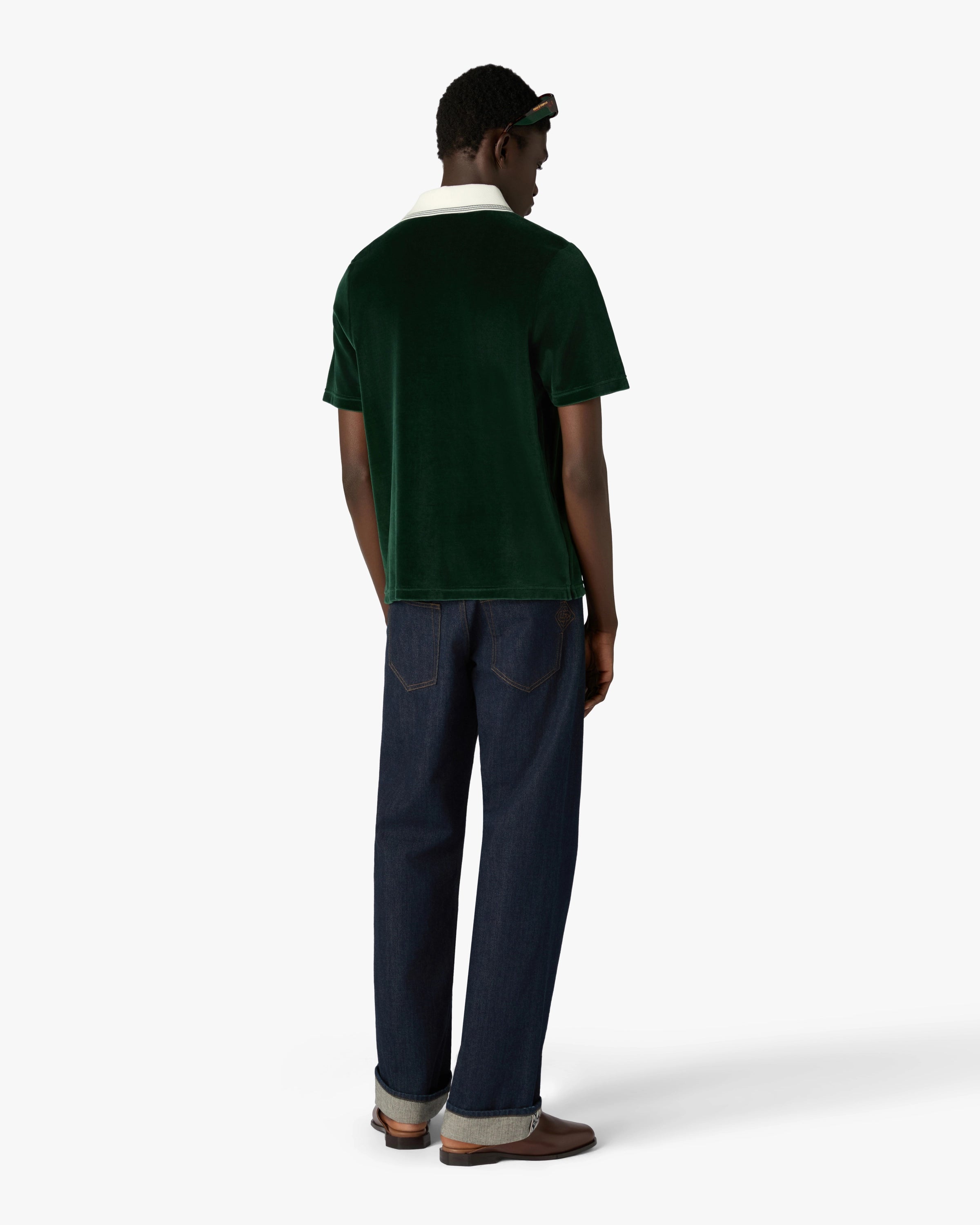 Green & Brown Stripe Velour Short Sleeve Polo Shirt