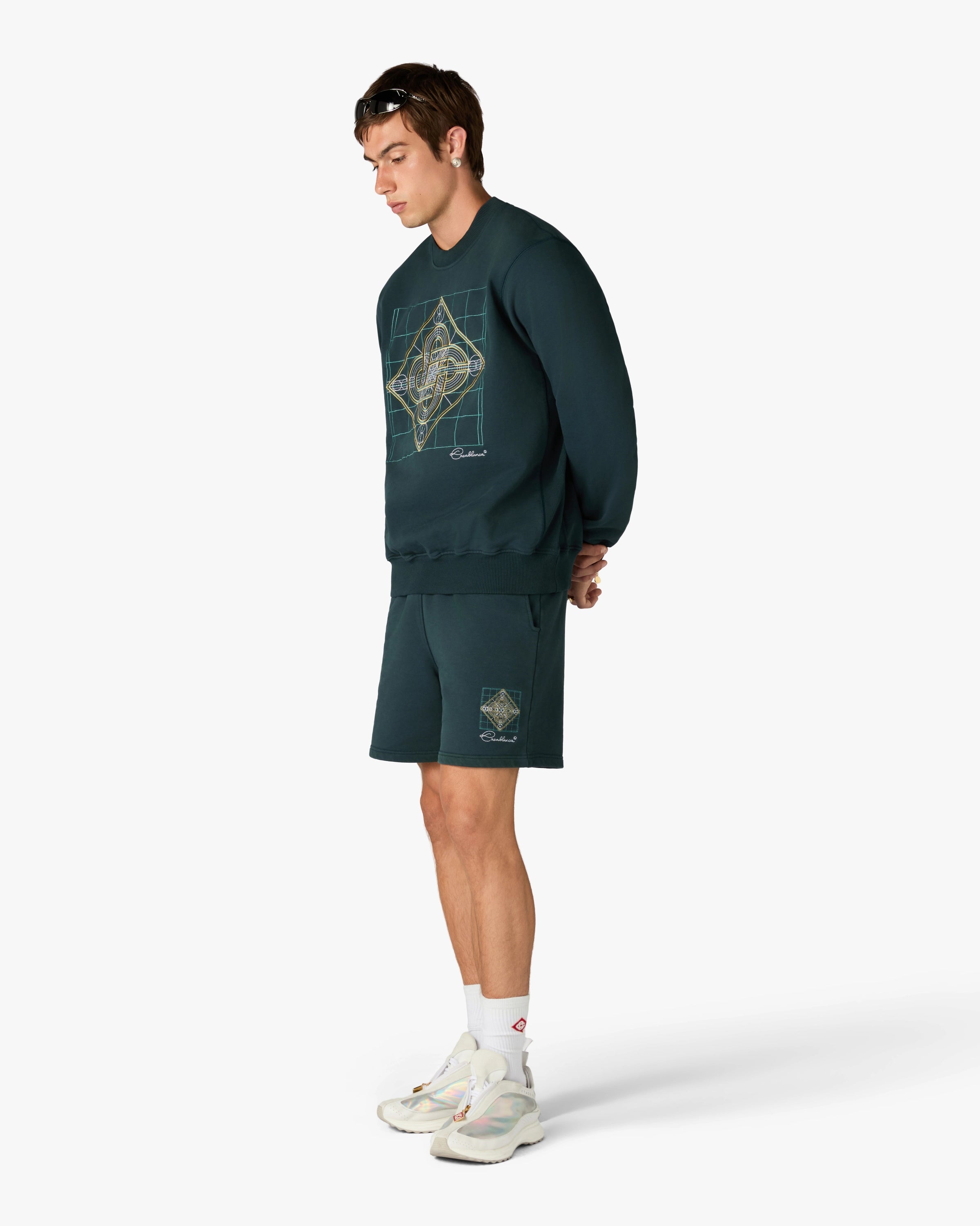 Dark Teal Geometrie Sacree Embroidered Shorts