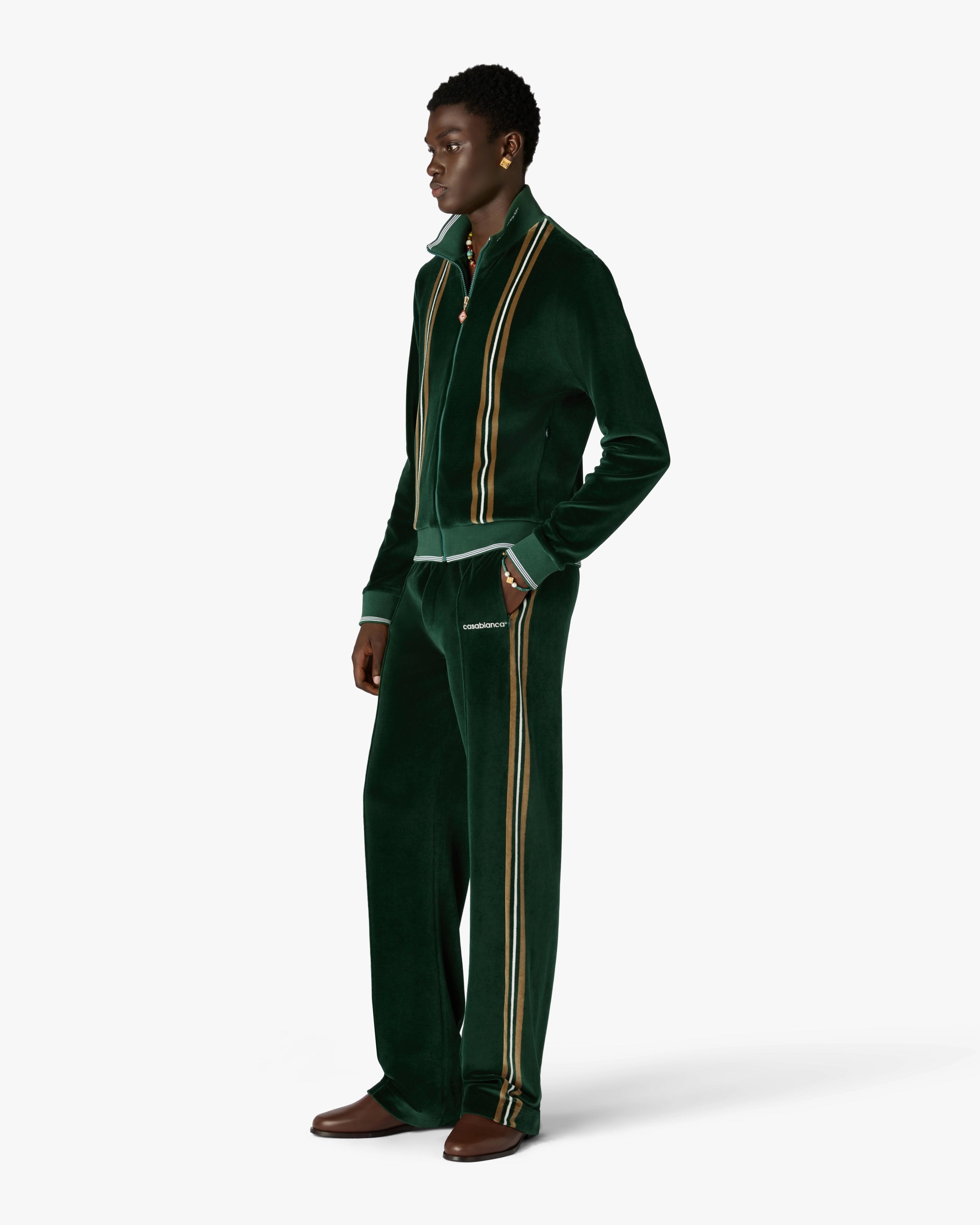 Green & Brown Stripe Velour Track Pants