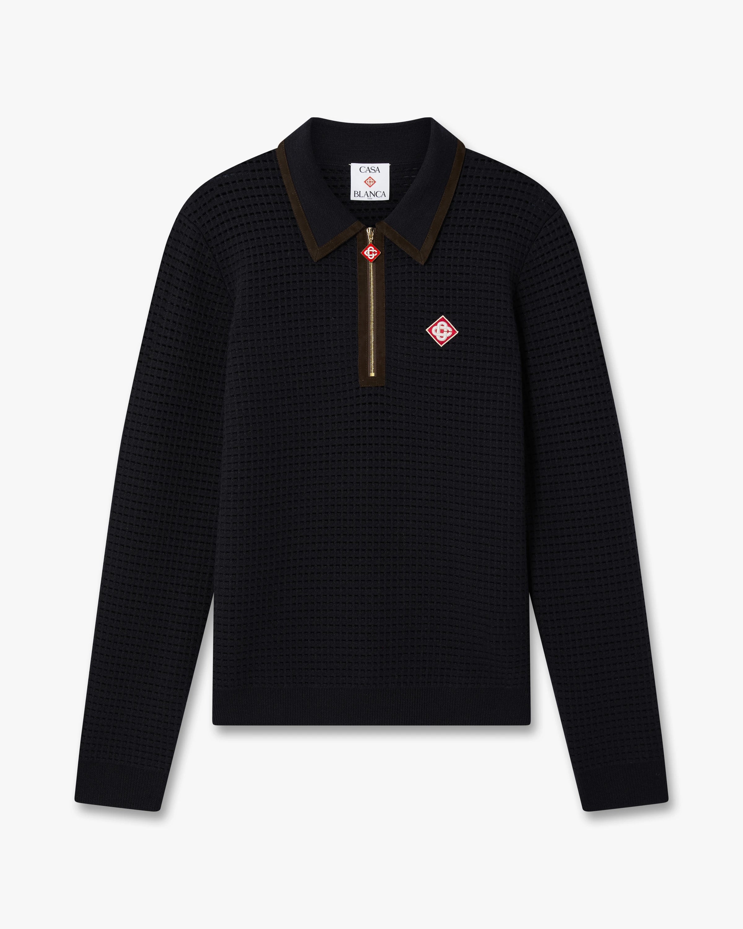 Navy Wool Waffle Stitch Long Sleeve Polo Shirt