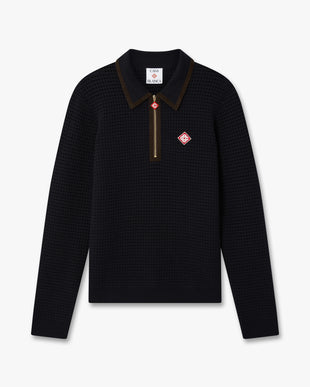 Navy Wool Waffle Stitch Long Sleeve Polo Shirt