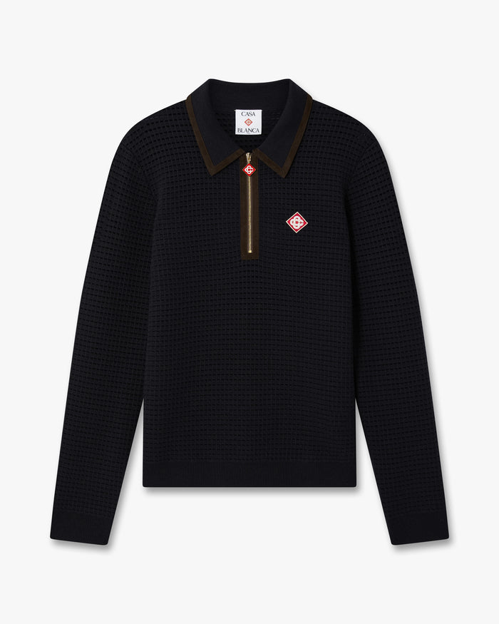 Navy Wool Waffle Stitch Long Sleeve Polo Shirt