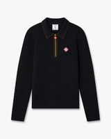 Navy Wool Waffle Stitch Long Sleeve Polo Shirt