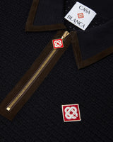 Navy Wool Waffle Stitch Long Sleeve Polo Shirt