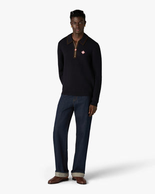 Navy Wool Waffle Stitch Long Sleeve Polo Shirt
