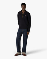 Navy Wool Waffle Stitch Long Sleeve Polo Shirt
