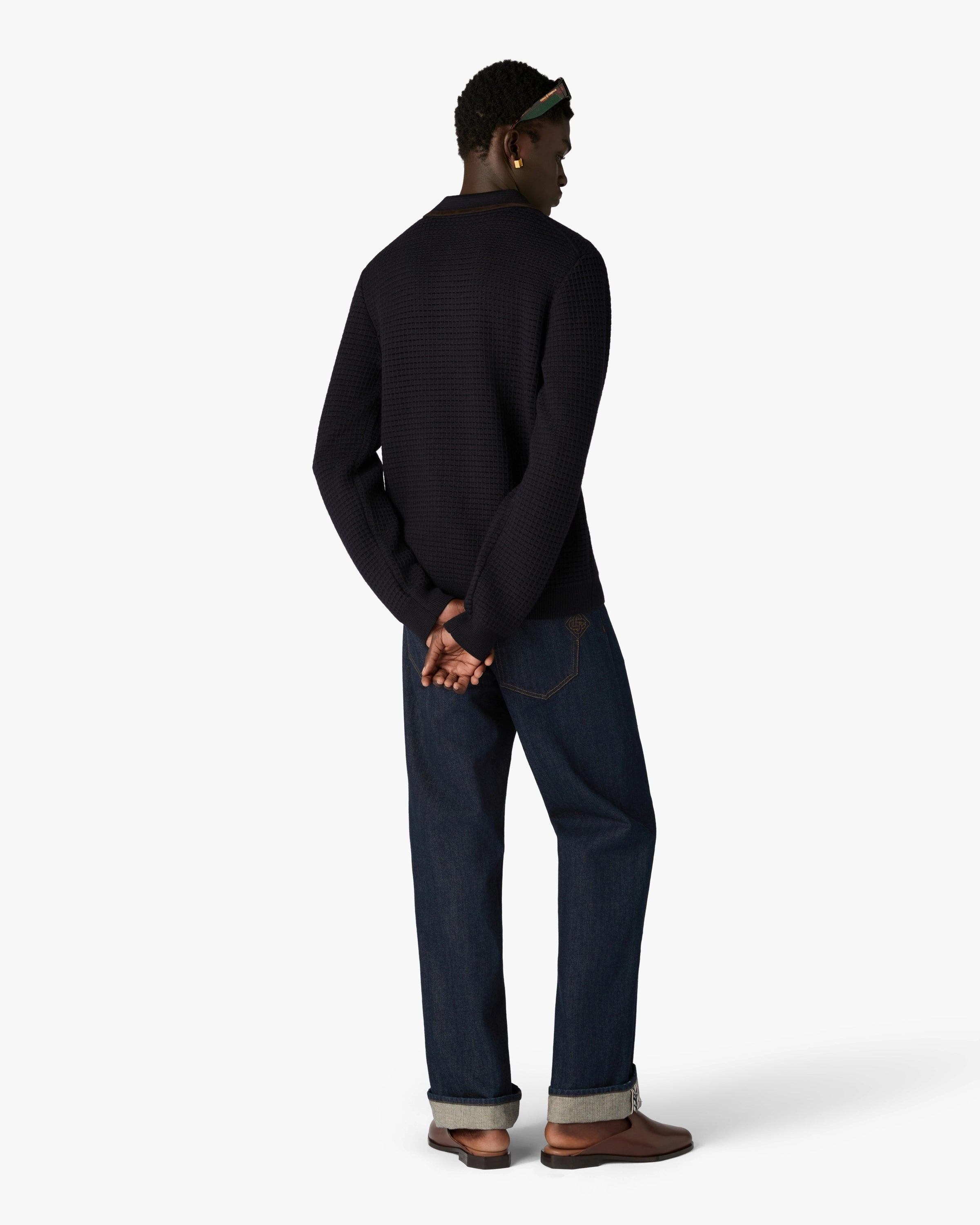 Navy Wool Waffle Stitch Long Sleeve Polo Shirt