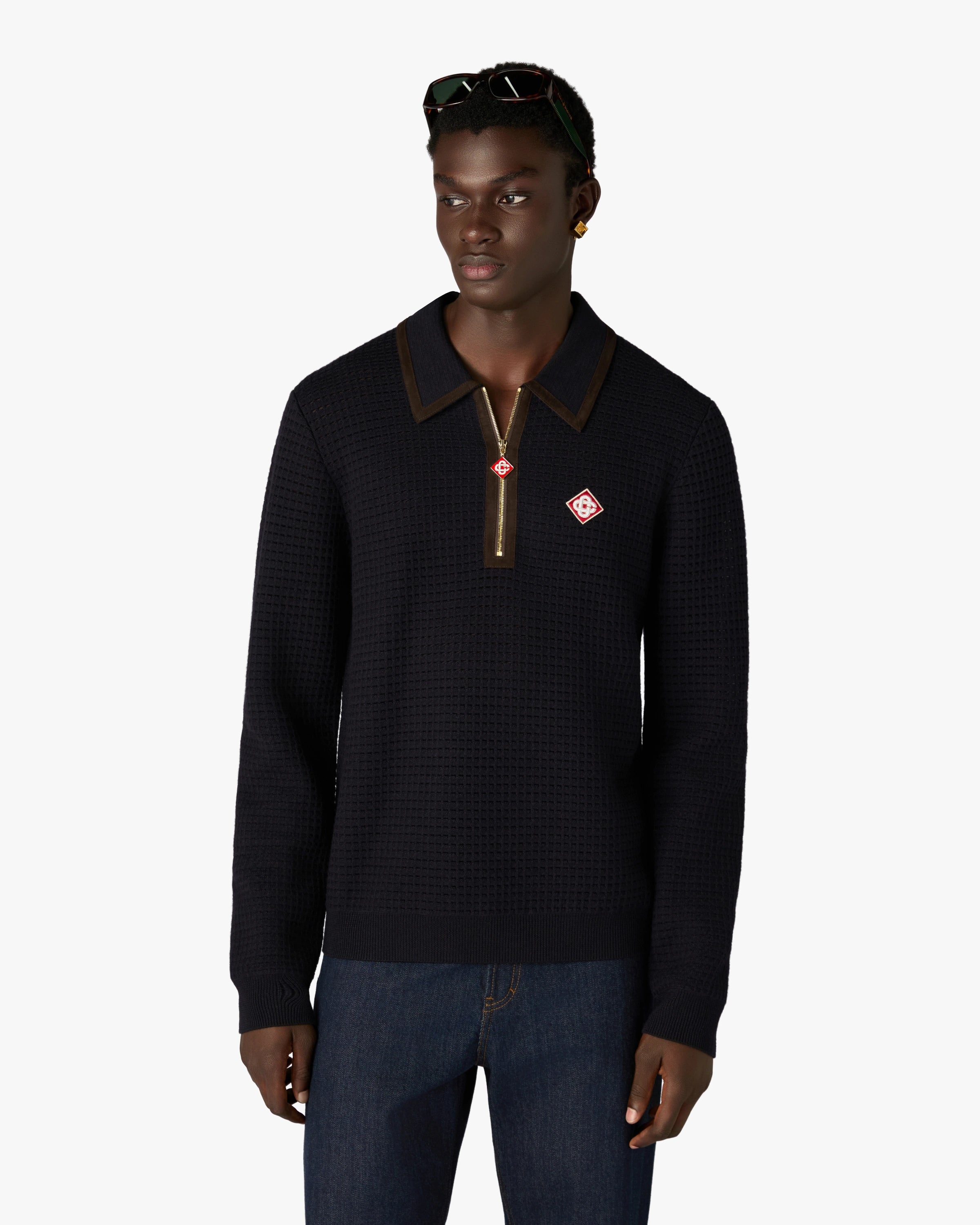 Navy Wool Waffle Stitch Long Sleeve Polo Shirt