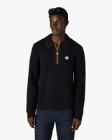 Navy Wool Waffle Stitch Long Sleeve Polo Shirt