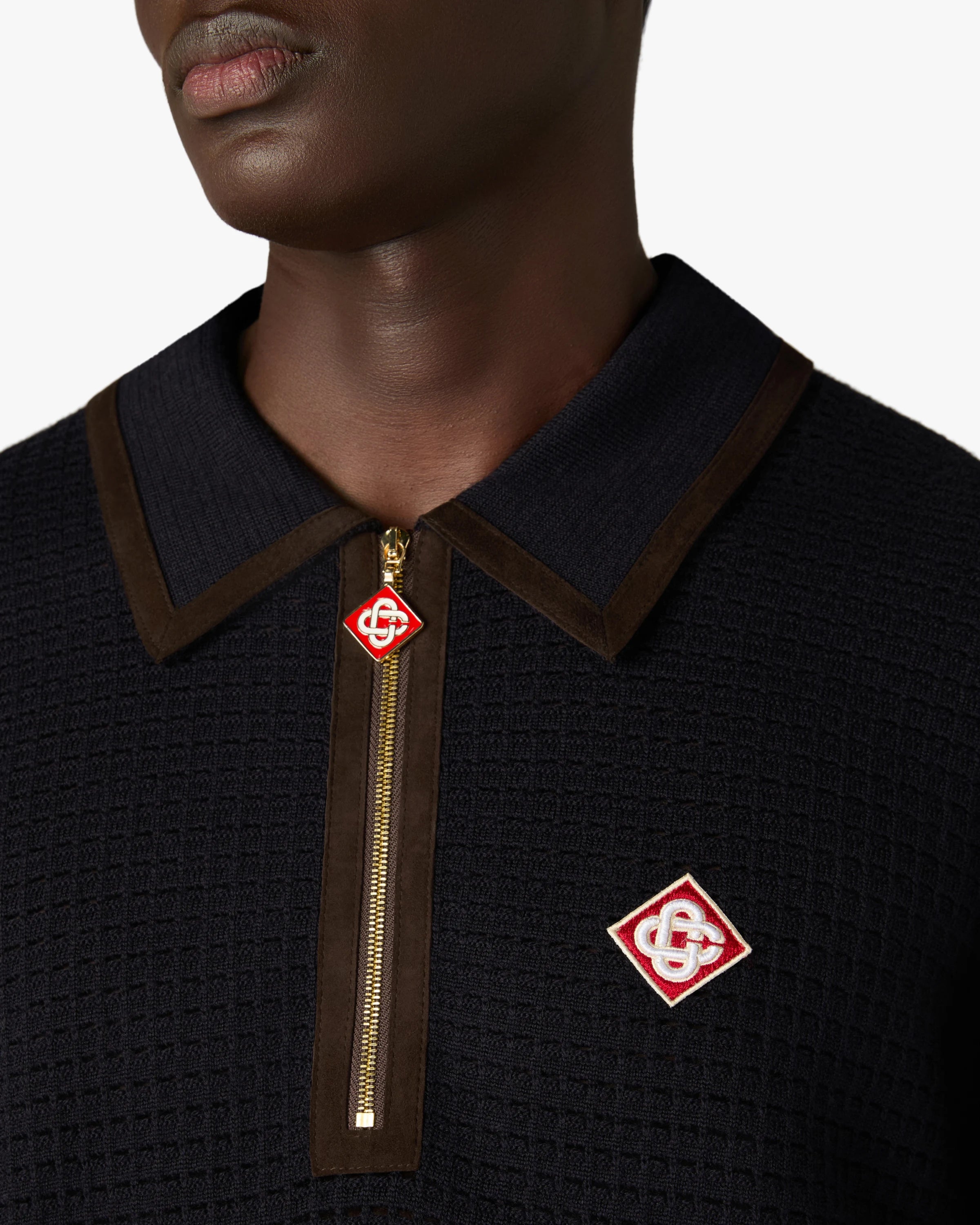 Navy Wool Waffle Stitch Long Sleeve Polo Shirt