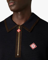 Navy Wool Waffle Stitch Long Sleeve Polo Shirt