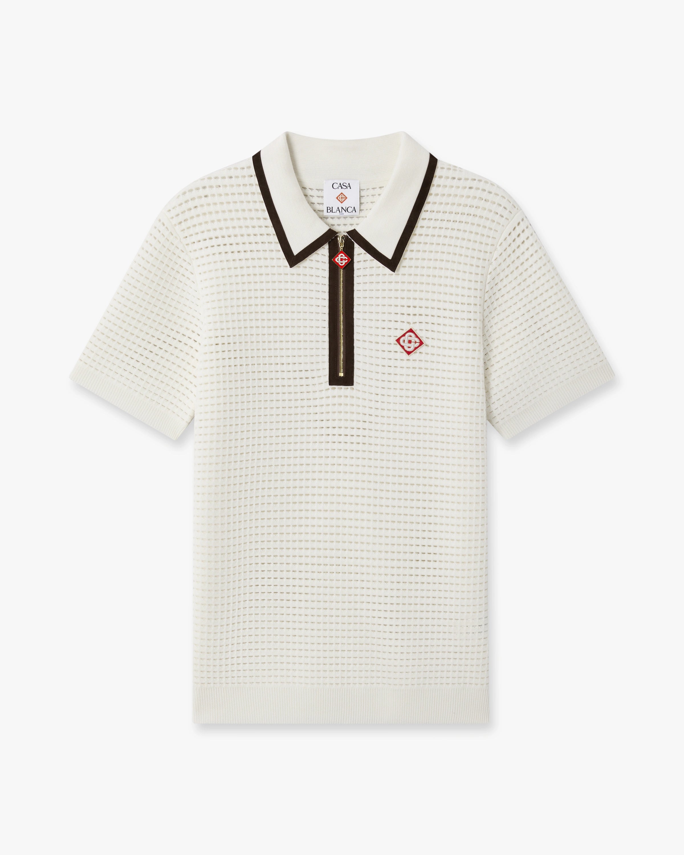 White Wool Waffle Stitch Short Sleeve Polo Shirt
