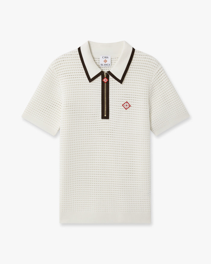 White Wool Waffle Stitch Short Sleeve Polo Shirt