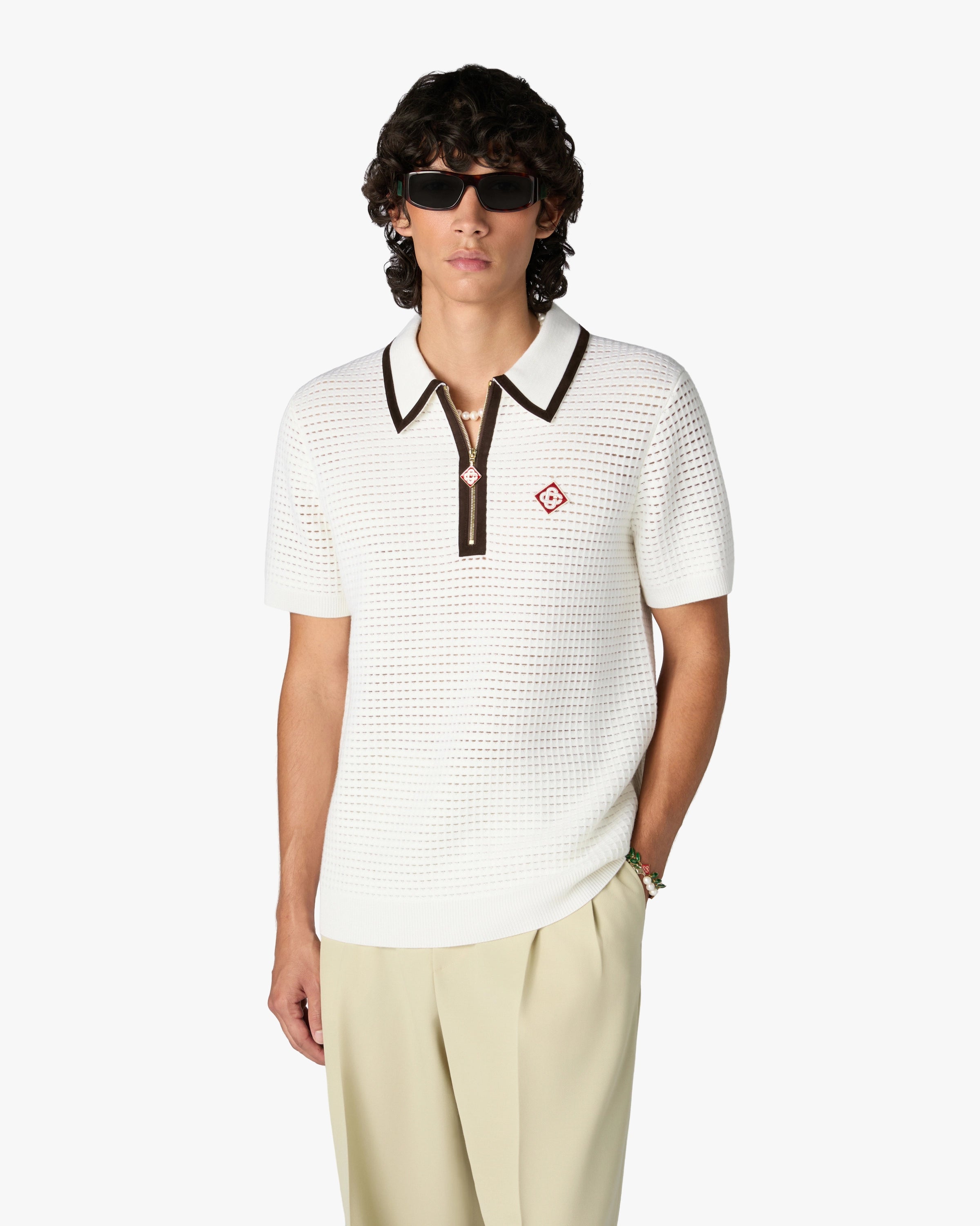 White Wool Waffle Stitch Short Sleeve Polo Shirt