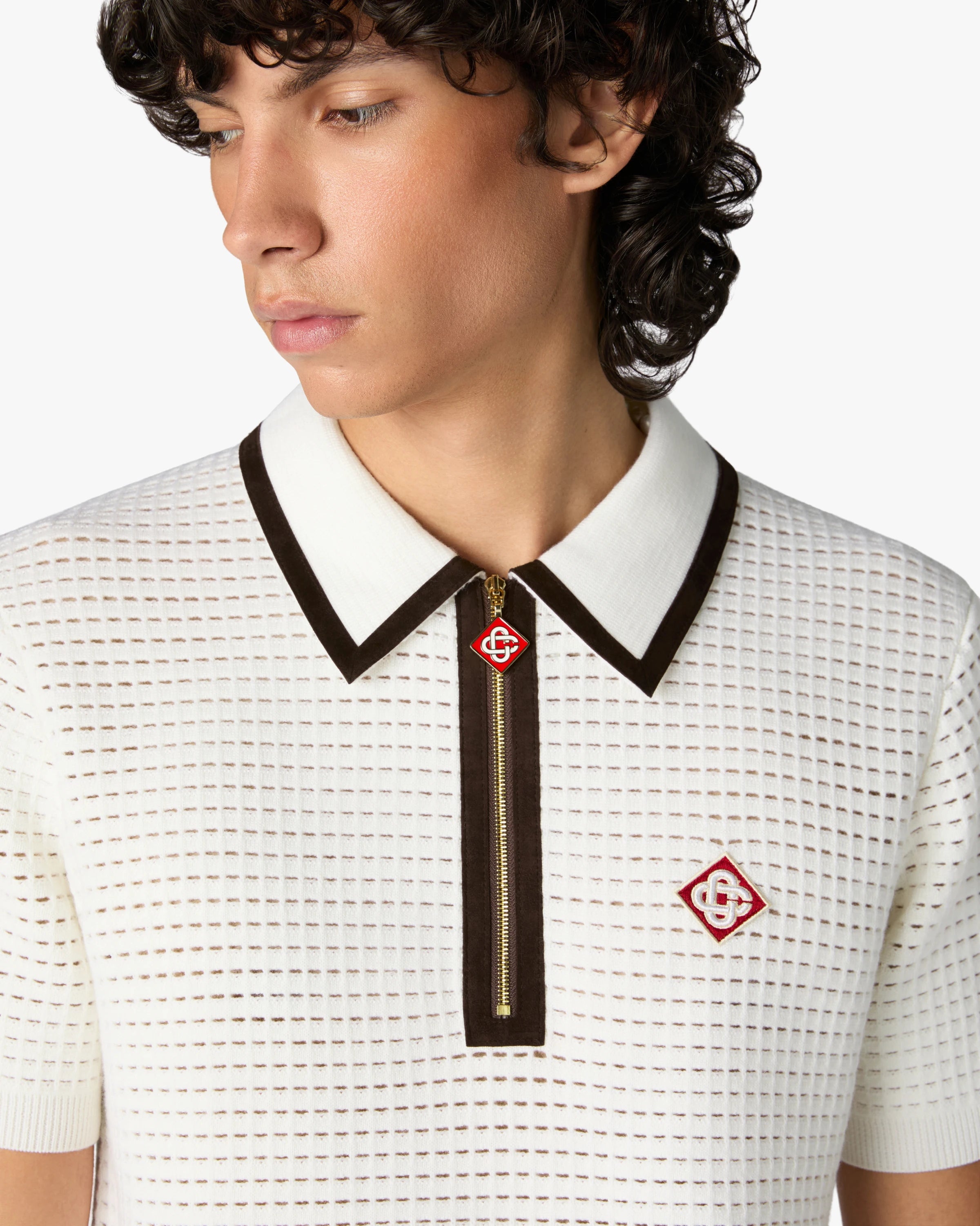 White Wool Waffle Stitch Short Sleeve Polo Shirt