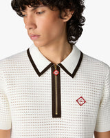 White Wool Waffle Stitch Short Sleeve Polo Shirt