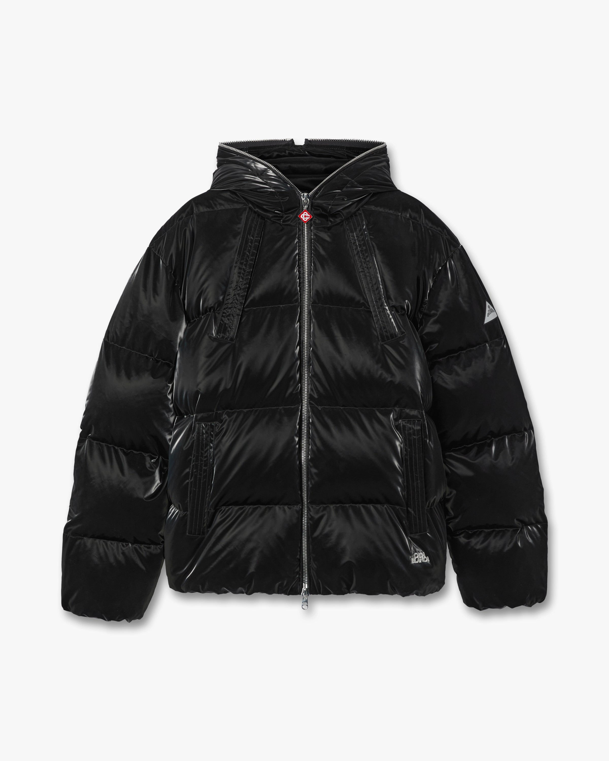 Black Lacquered Nylon Puffer Down Jacket